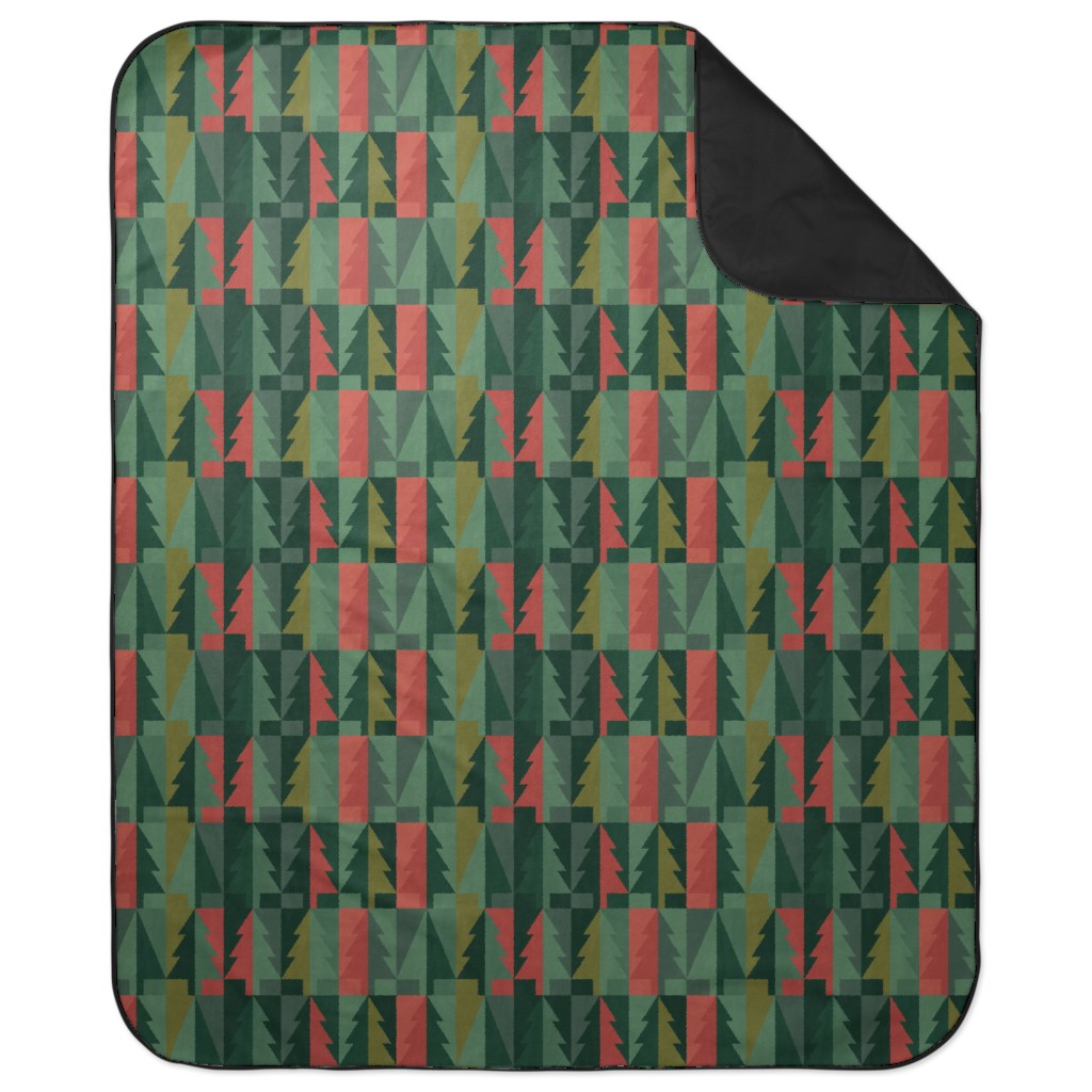 Geometric Forest - Red and Green Picnic Blanket, Green