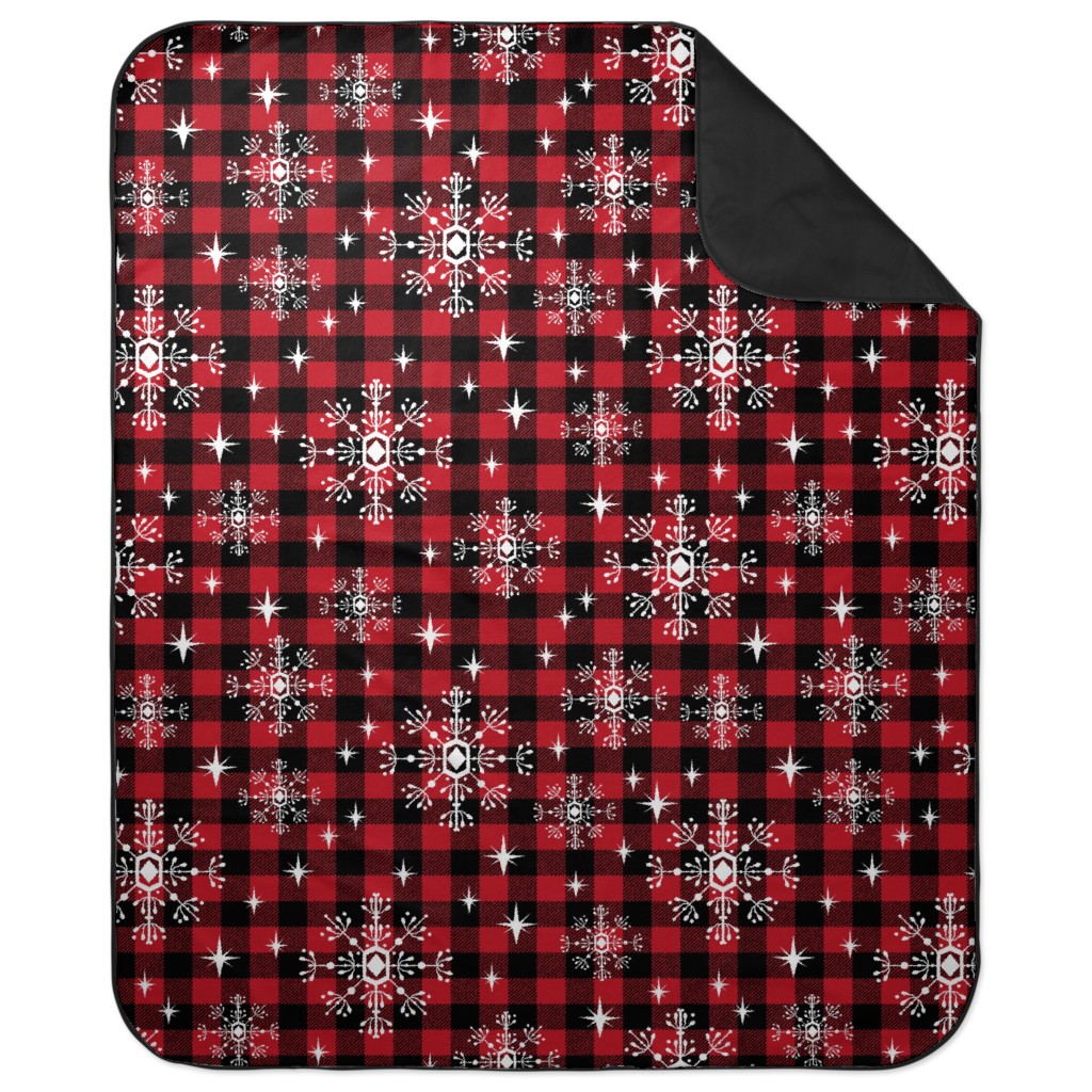 Buffalo Plaid Snowflakes Picnic Blanket, Red