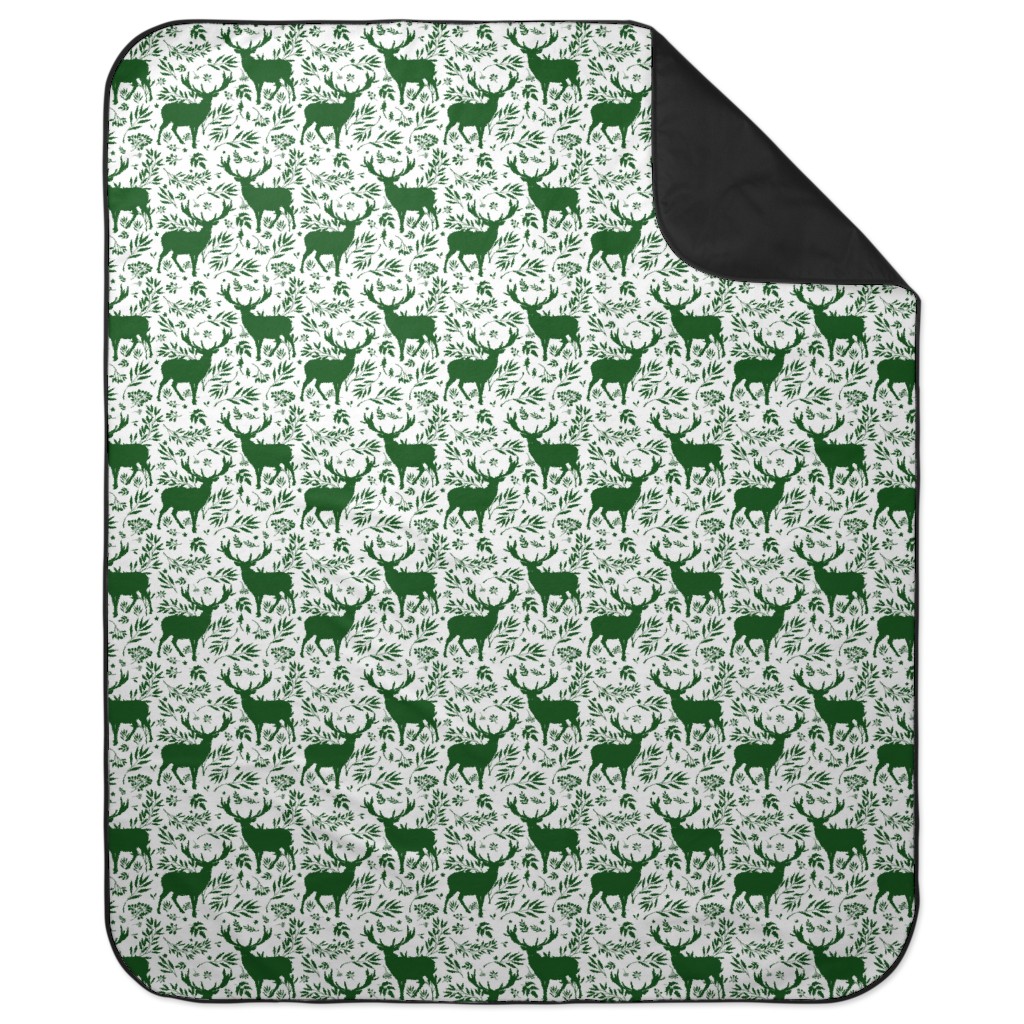 Winter Scene - Green on White Picnic Blanket, Green