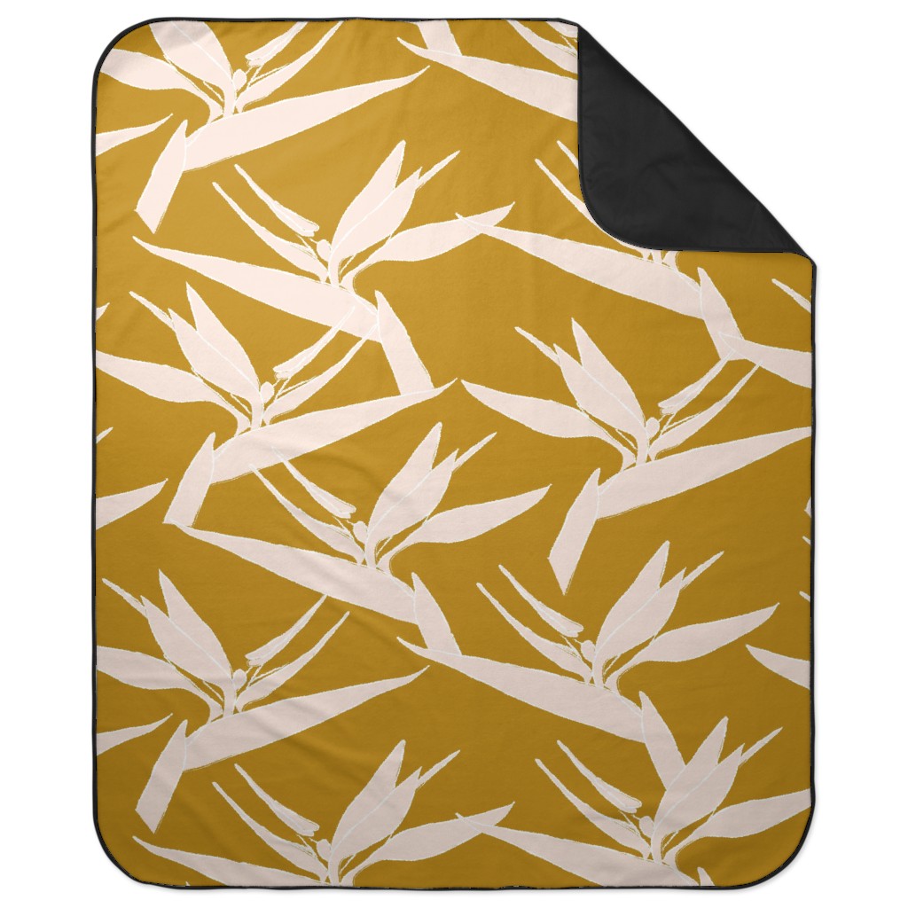 Birds of Paradise - Mustard and Pale Peach Picnic Blanket, Yellow