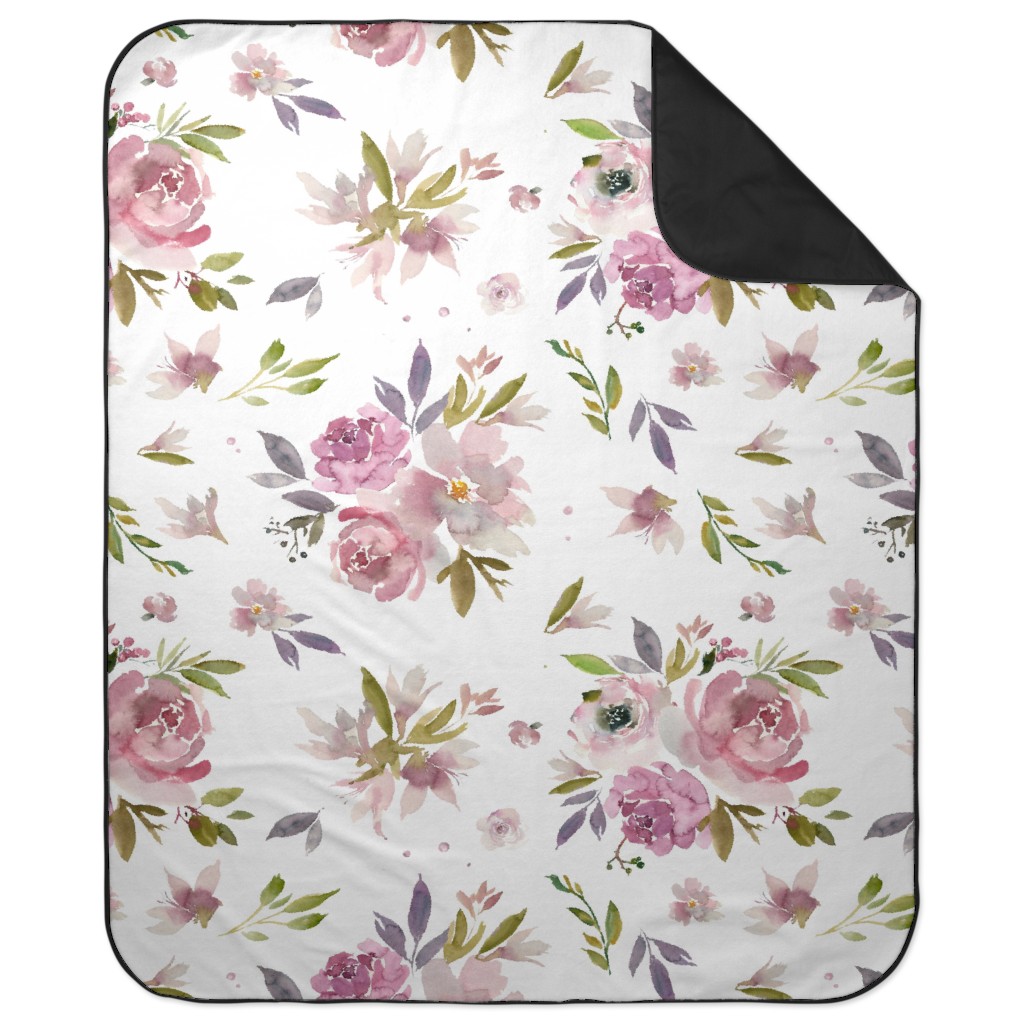 Watercolor Mauve Floral - Pink and Purple Picnic Blanket, Pink