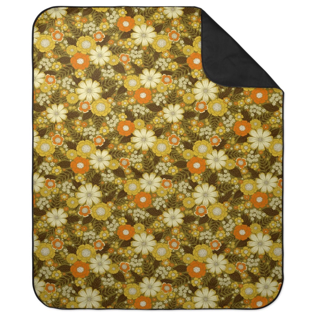 1970s Retro/Vintage Floral - Yellow and Brown Picnic Blanket, Yellow
