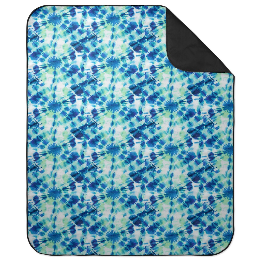 Tie Dye Ink Splat Indigo and Green Picnic Blanket, Blue