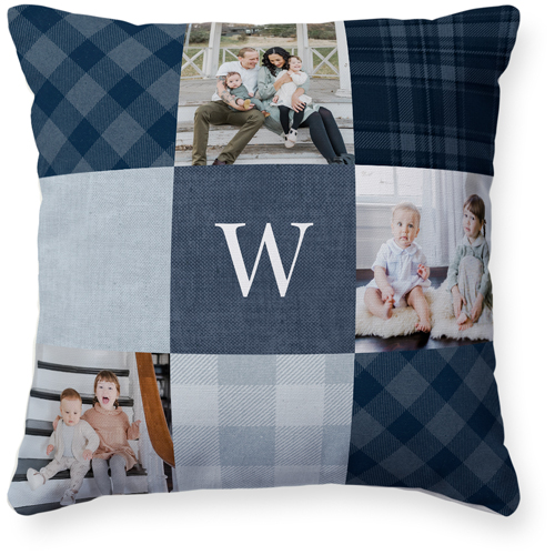 Patchwork Monogram Pillow, Woven, Beige, 16x16, Single Sided, Blue, navy