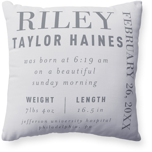 Baby Stats Pillow, Woven, White, 20x20, Double Sided, Gray, silver lining