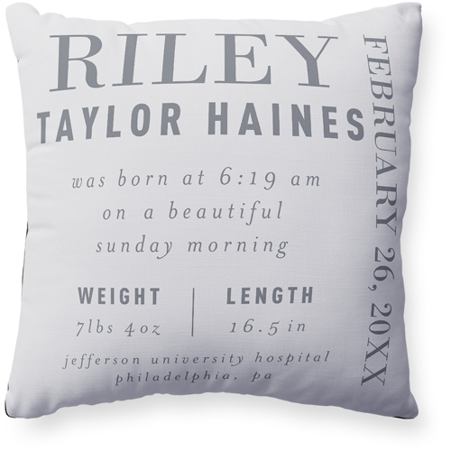Baby Stats Pillow, Woven, Black, 20x20, Single Sided, Gray