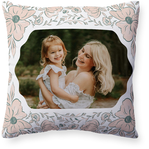 Classic Floral Border Pillow, Woven, Beige, 20x20, Single Sided, White, white