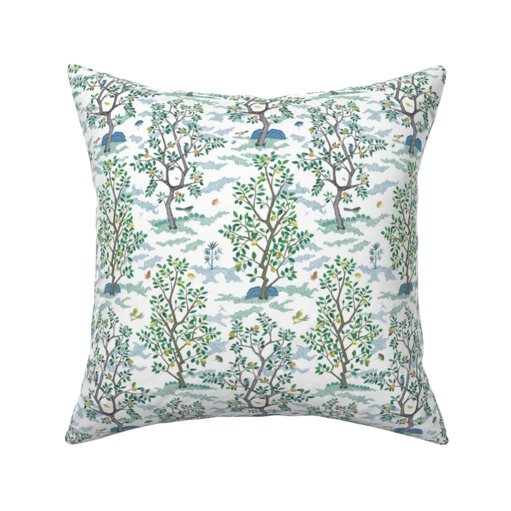 Citrus Trees - Blue and Green on White Pillow, Woven, Beige, 16x16, Single Sided, Green
