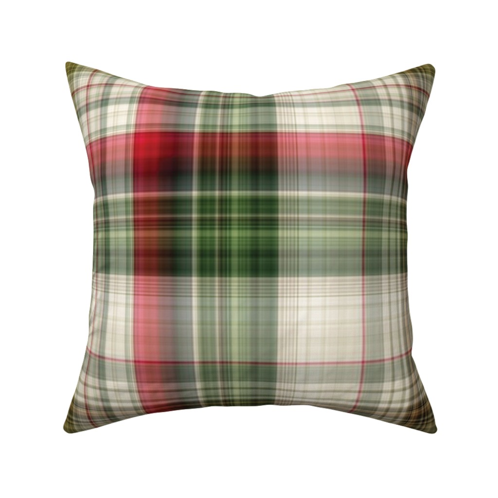 Christmas Plaid - Green, White and Red Pillow, Woven, Beige, 16x16, Single Sided, Green