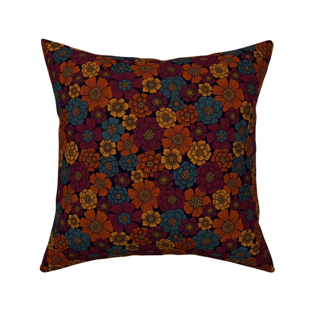 Burgundy, Rust, Mustard & Teal Floral Pillow, Woven, Beige, 16x16, Single Sided, Red