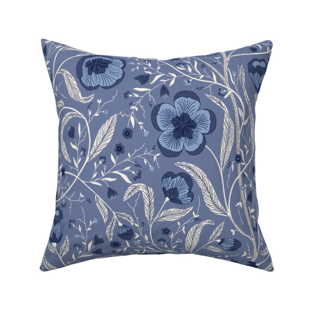 Climbing Flowers and Leafs - Blue Pillow, Woven, Beige, 16x16, Single Sided, Blue, True Blue