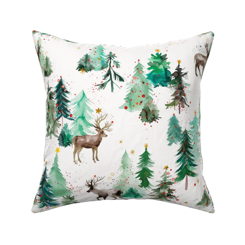 Rudolph Deer & Christmas Trees Pillow, Woven, Beige, 16x16, Single Sided, Green, Classic Green