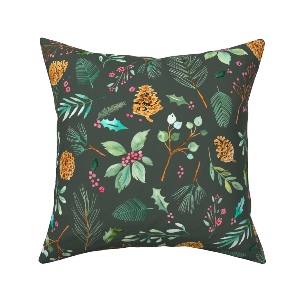 Christmas Holiday Botanical on Dark Green Pillow, Woven, Beige, 16x16, Single Sided, Blue