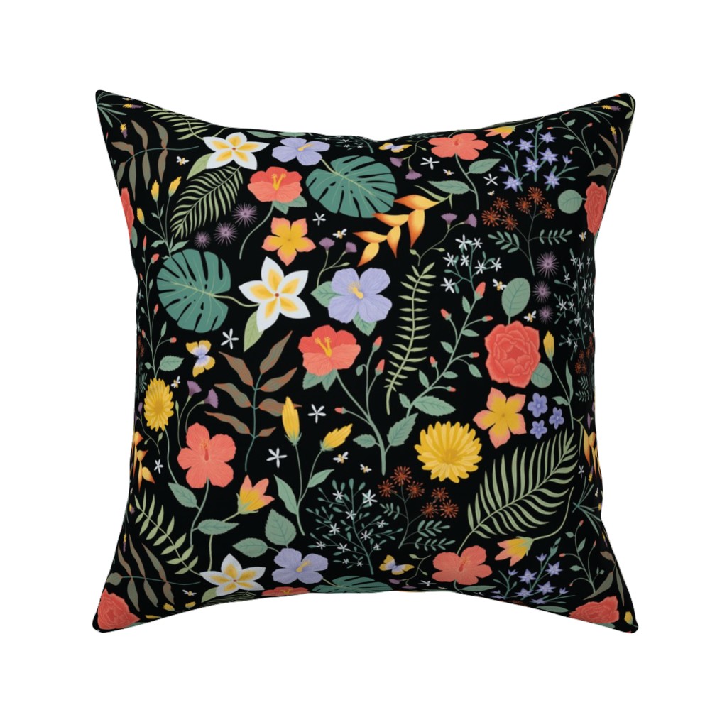 Hawaii Floral - Black Pillow, Woven, Beige, 16x16, Single Sided, Multicolor