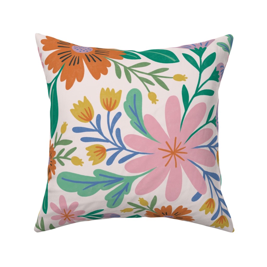 Happy Flowers - Multi on Pink Pillow, Woven, Beige, 16x16, Single Sided, Multicolor