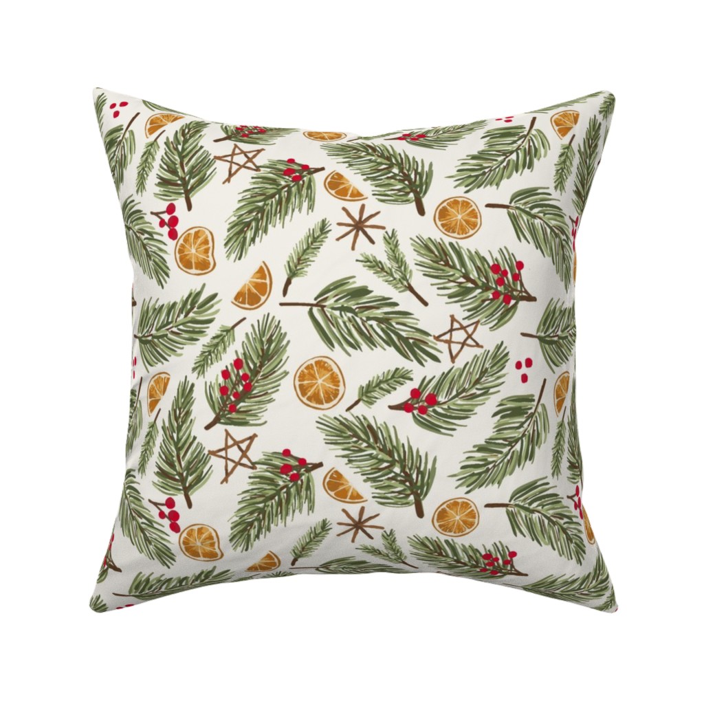 Festive Christmas Pine Sprigs Pillow, Woven, Beige, 16x16, Single Sided, Multicolor