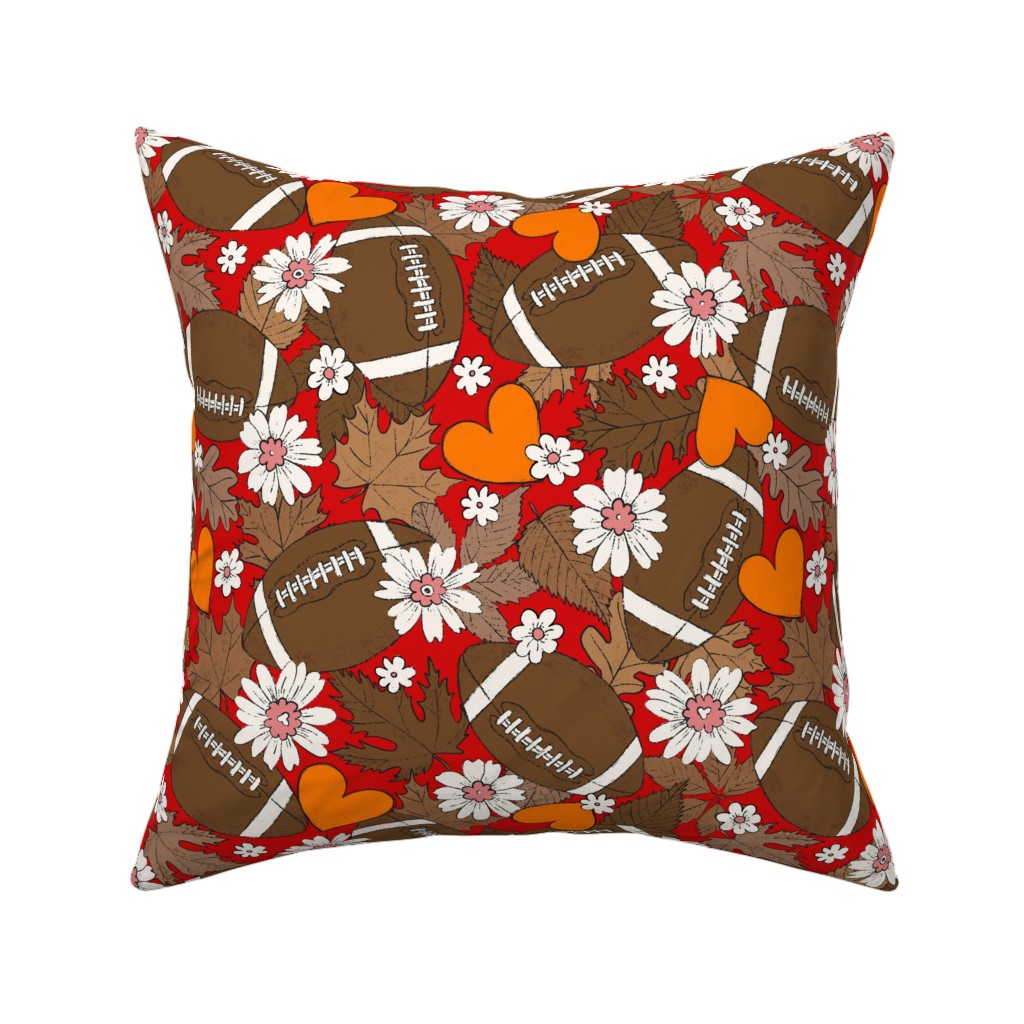 Football Fall and Florals Pillow, Woven, Beige, 16x16, Single Sided, Red