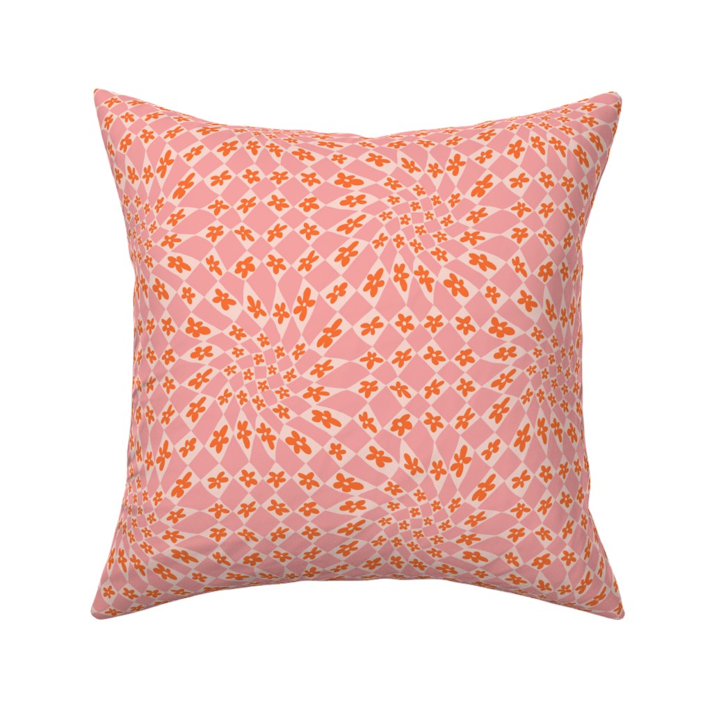 Trippy Checker - Floral - Pink and Orange Pillow, Woven, Beige, 16x16, Single Sided, Pink, Bright Pink