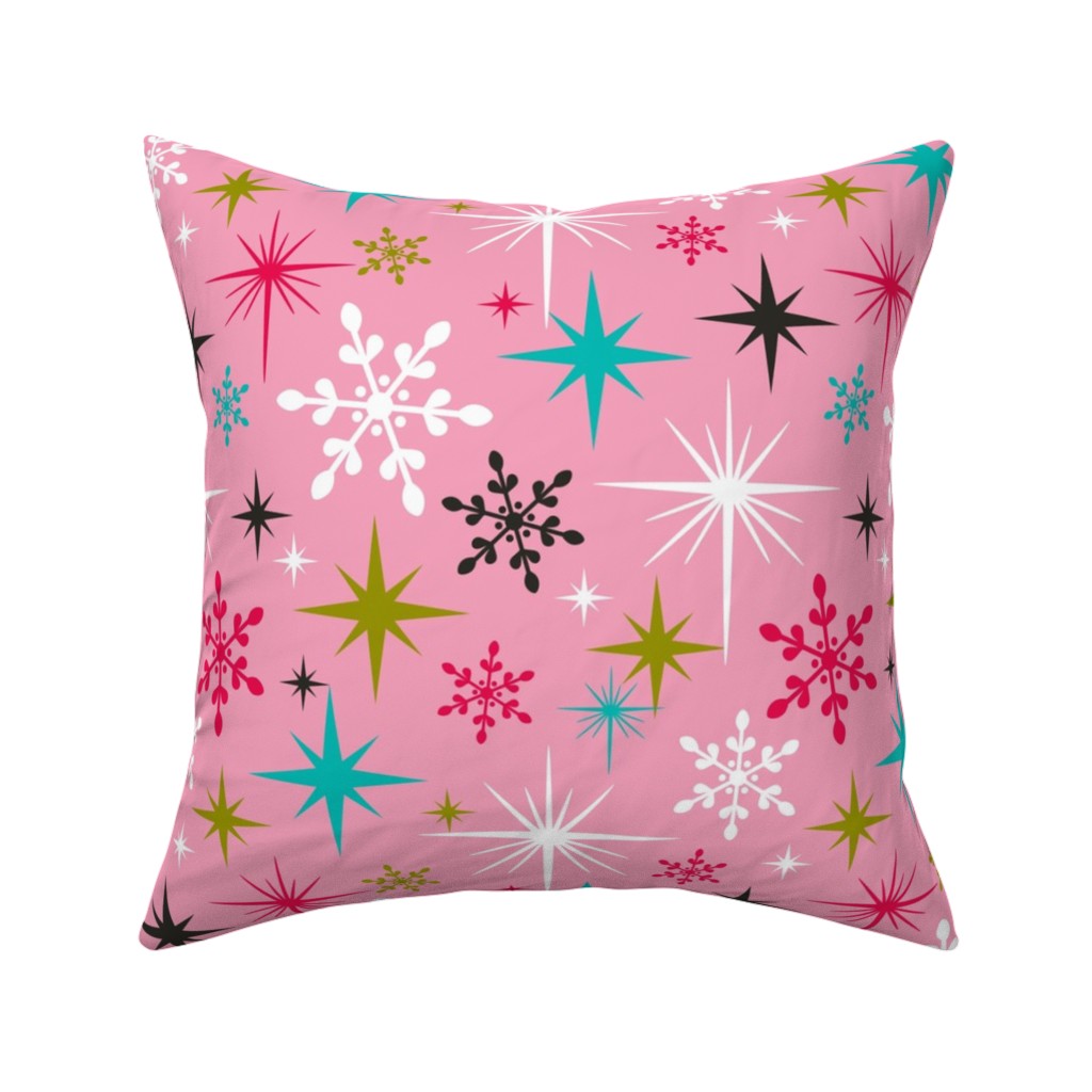 Stardust Retro Christmas Snowflakes and Stars - Pink Pillow, Woven, Beige, 16x16, Single Sided, Pink
