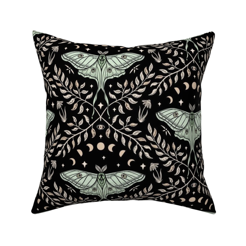 Luna Moths Damask With Moon Phases - Black Pillow, Woven, Beige, 16x16, Single Sided, Multicolor