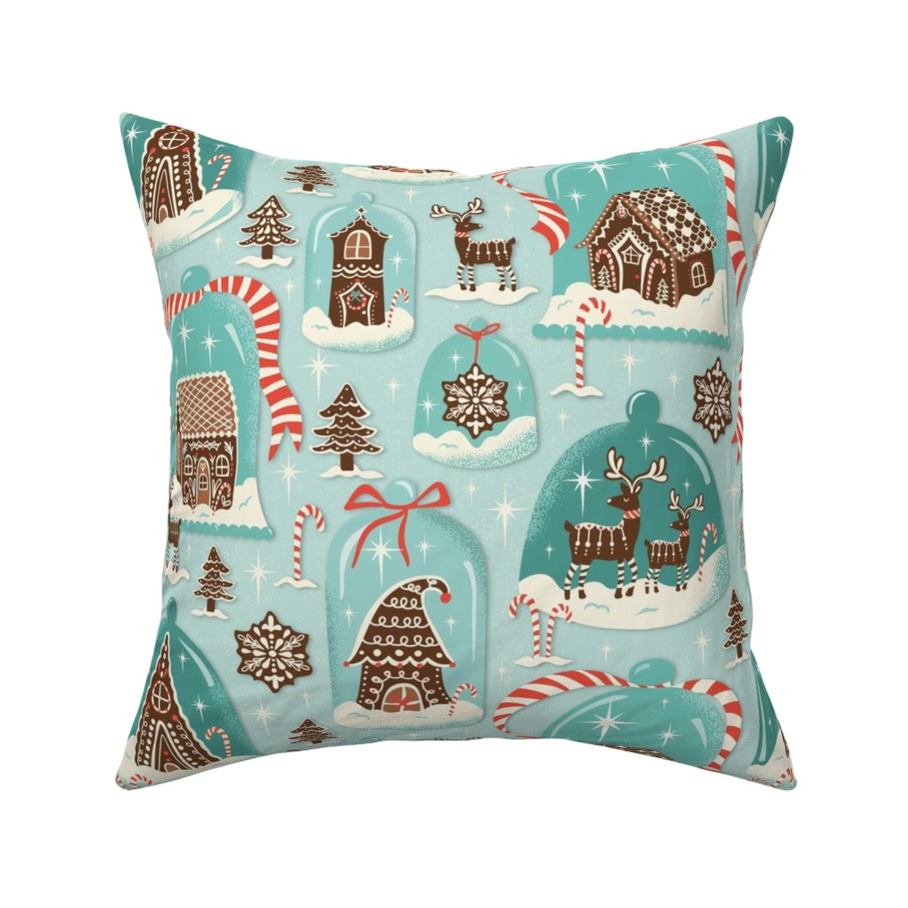 Christmas Gingerbread Village - Aqua Pillow, Woven, Beige, 16x16, Single Sided, Blue