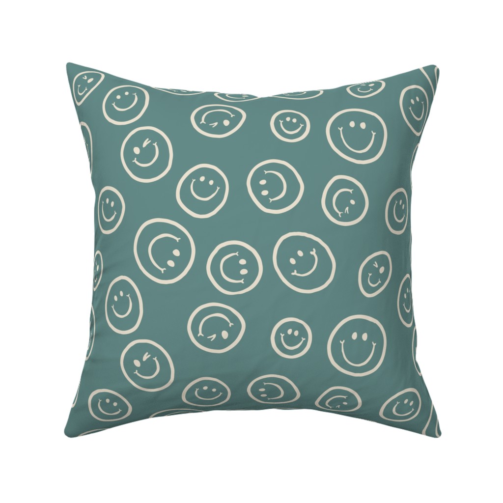 Smiley Winking Faces Pillow, Woven, Beige, 16x16, Single Sided, Green