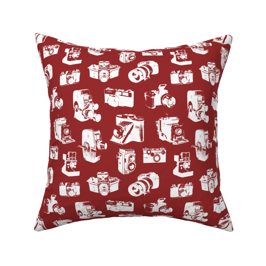 Retro Cameras Pillow, Woven, Beige, 16x16, Single Sided, Red, Spanish Red