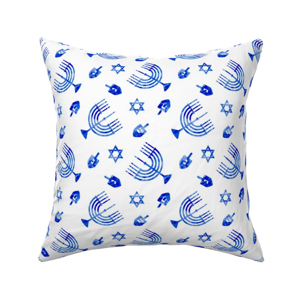 Watercolor Hanukkah Menorah, Dreidel, Star of David - Blue Pillow, Woven, Beige, 16x16, Single Sided, Blue