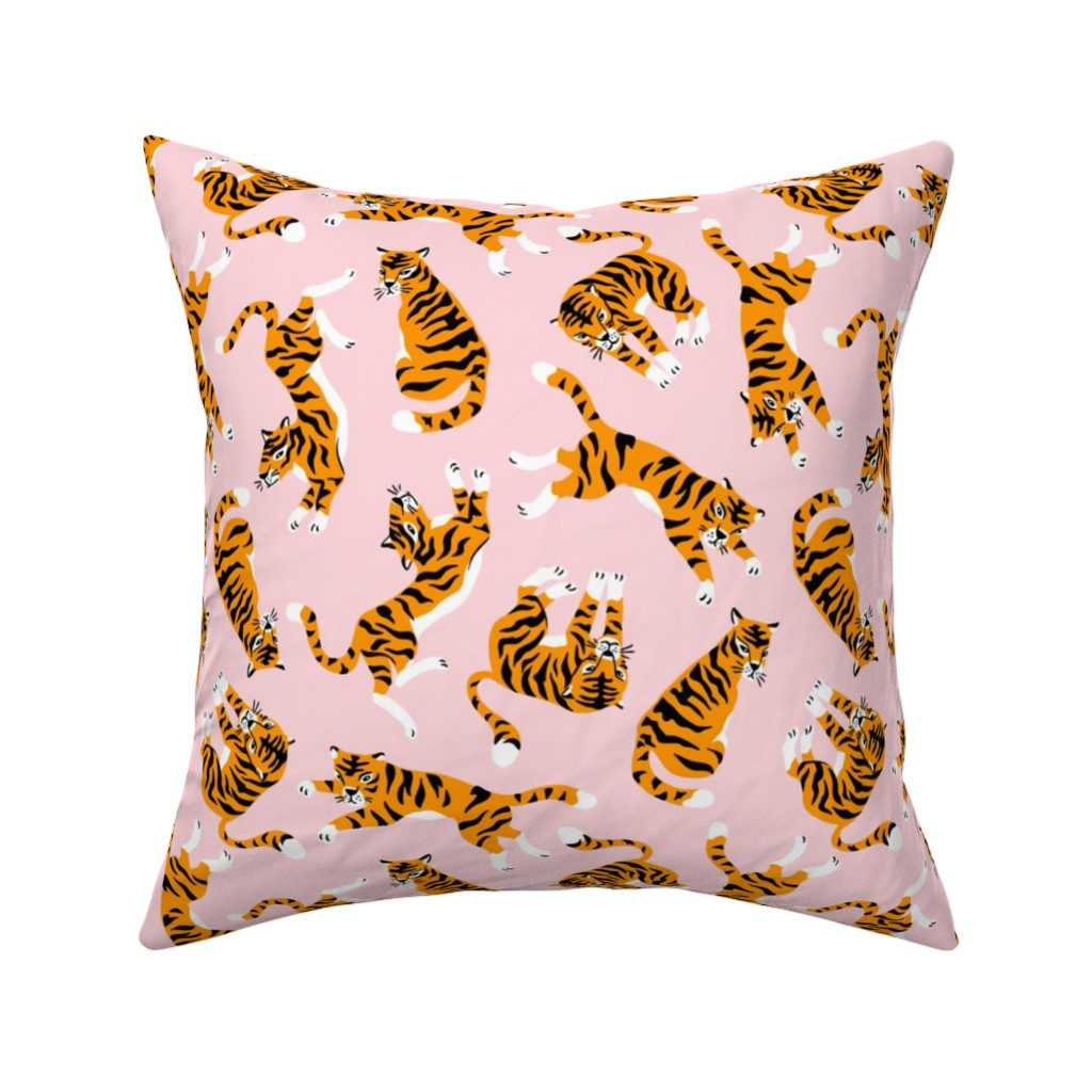 Tigers - Pink Pillow, Woven, Beige, 16x16, Single Sided, Pink