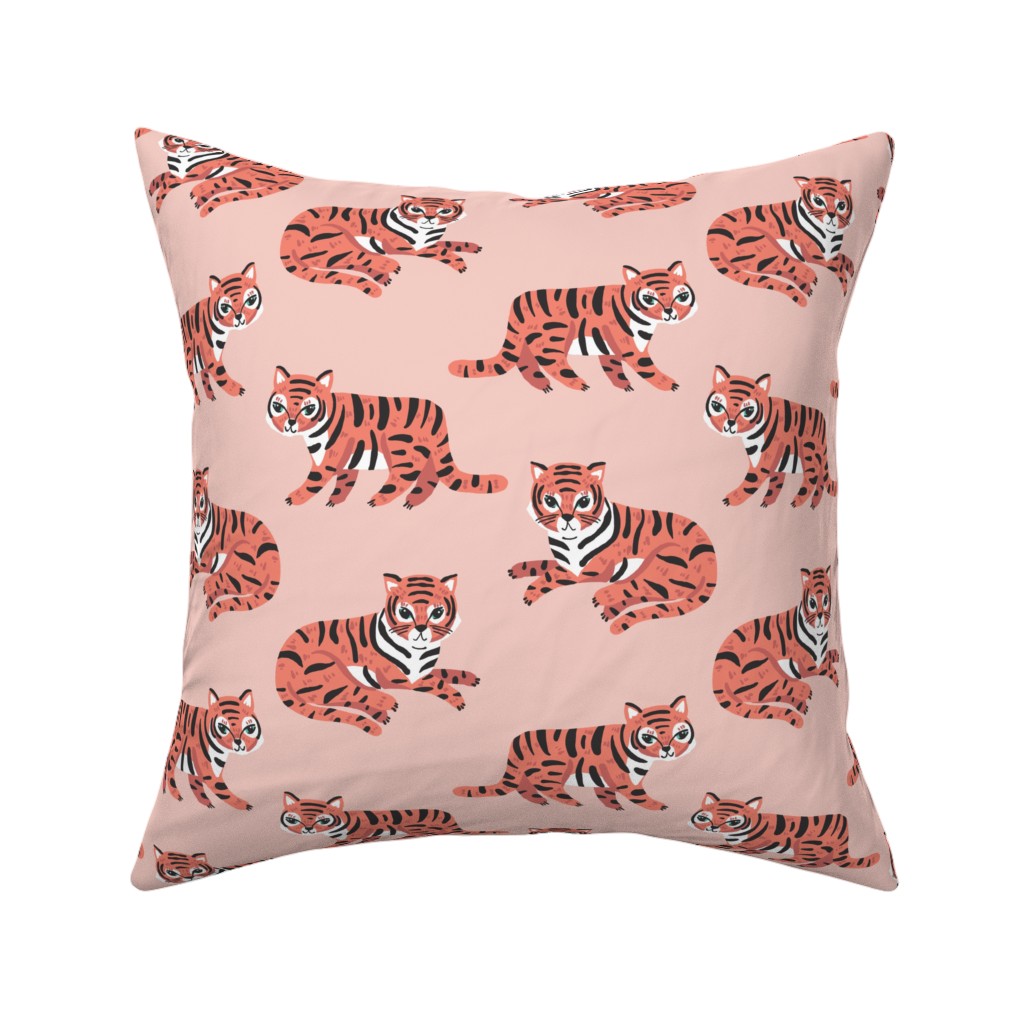 Jungle Tigers - Blush and Coral Pillow, Woven, Beige, 16x16, Single Sided, Pink