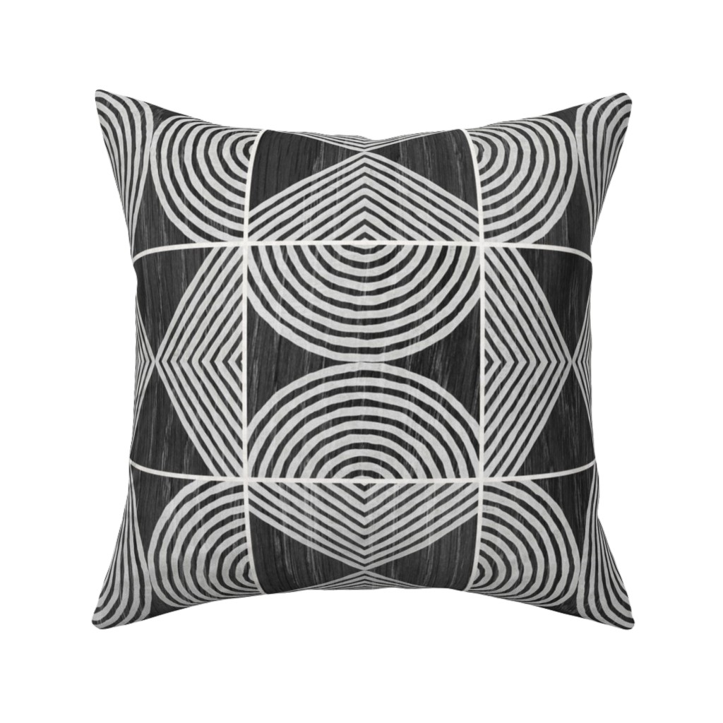 Boho Tribal Woodcut Geometric Shapes Pillow, Woven, Beige, 16x16, Single Sided, Black