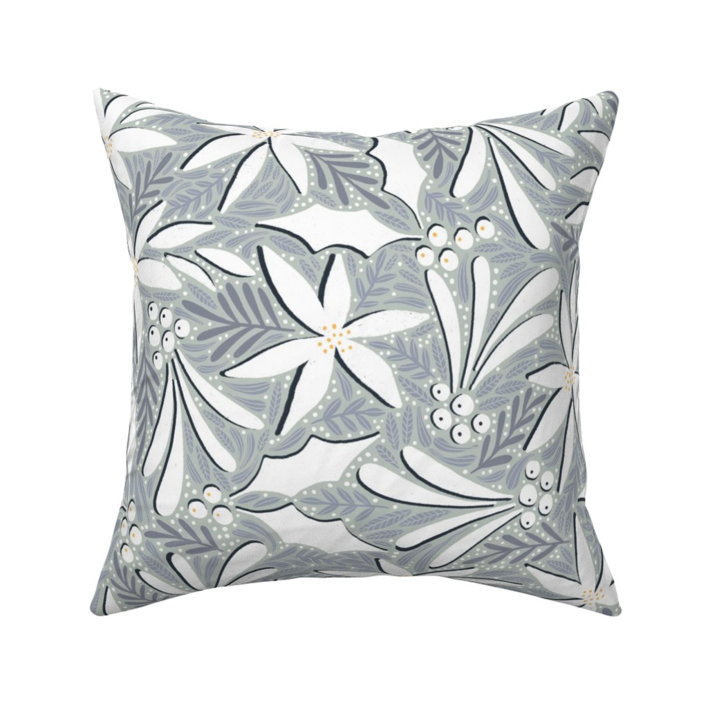 Poinsettia, Holly, & Mistletoe - White & Grey Pillow, Woven, Black, 16x16, Single Sided, Gray, Gray