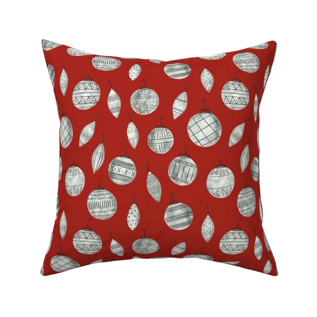 Watercolor Christmas Ornaments - Red Pillow, Woven, Black, 16x16, Single Sided, Red, Red