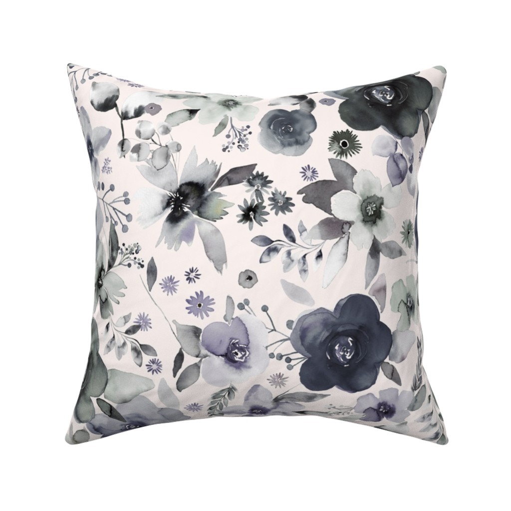 Wintery Watercolor Flower Bouquets - Navy Pillow, Woven, Black, 16x16, Single Sided, Blue, True Blue