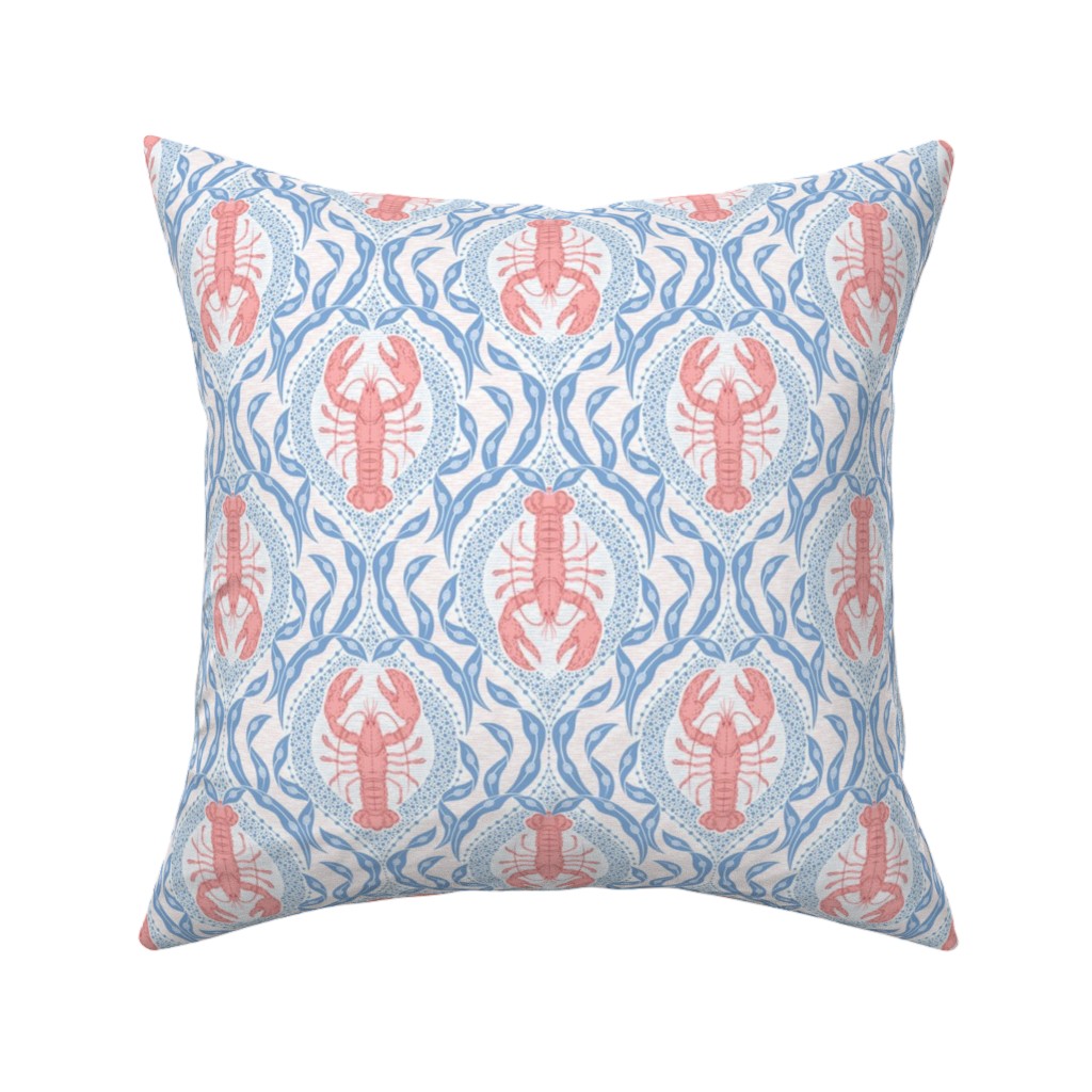 Lobster and Seaweed Nautical Damask - White, Coral Pink and Cornflower Blue Pillow, Woven, Black, 16x16, Single Sided, Blue