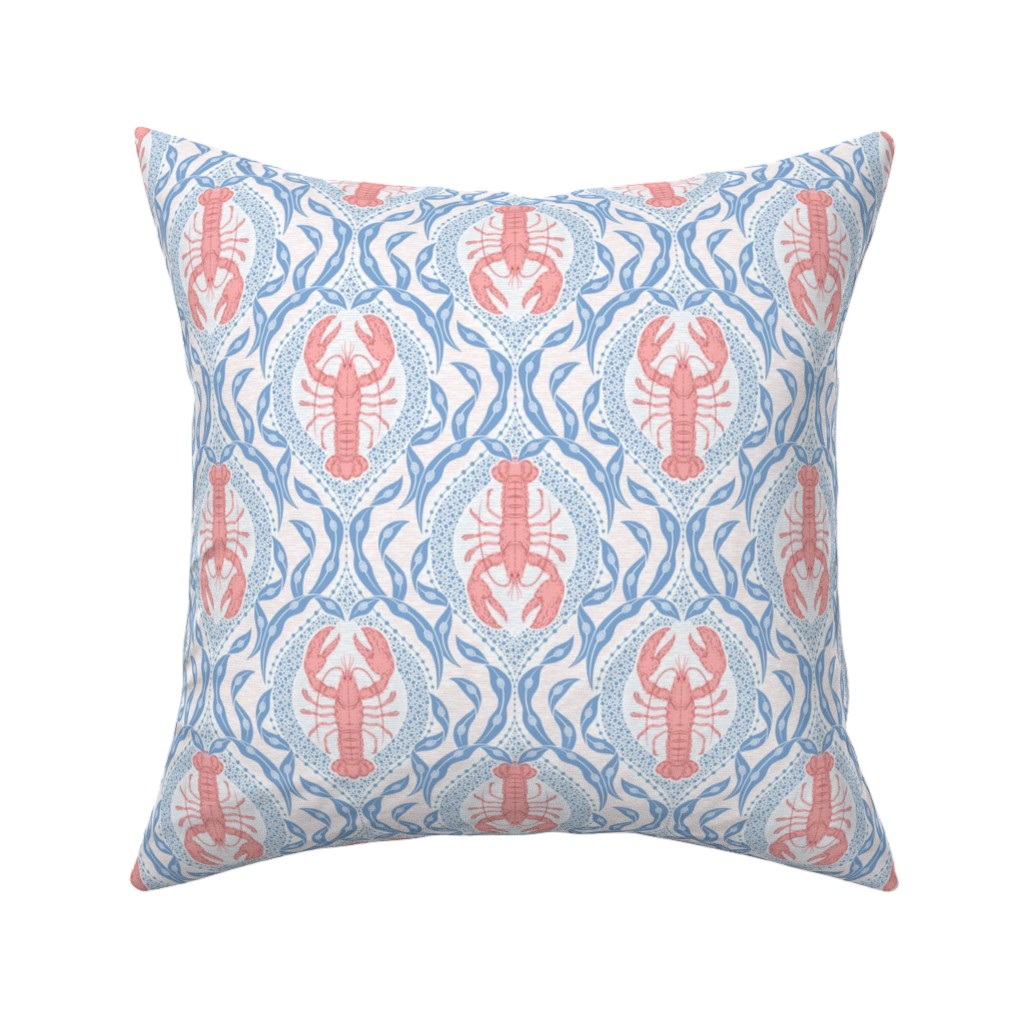 Lobster and Seaweed Nautical Damask - White, Coral Pink and Cornflower Blue Pillow, Woven, Black, 16x16, Single Sided, Blue, True Blue