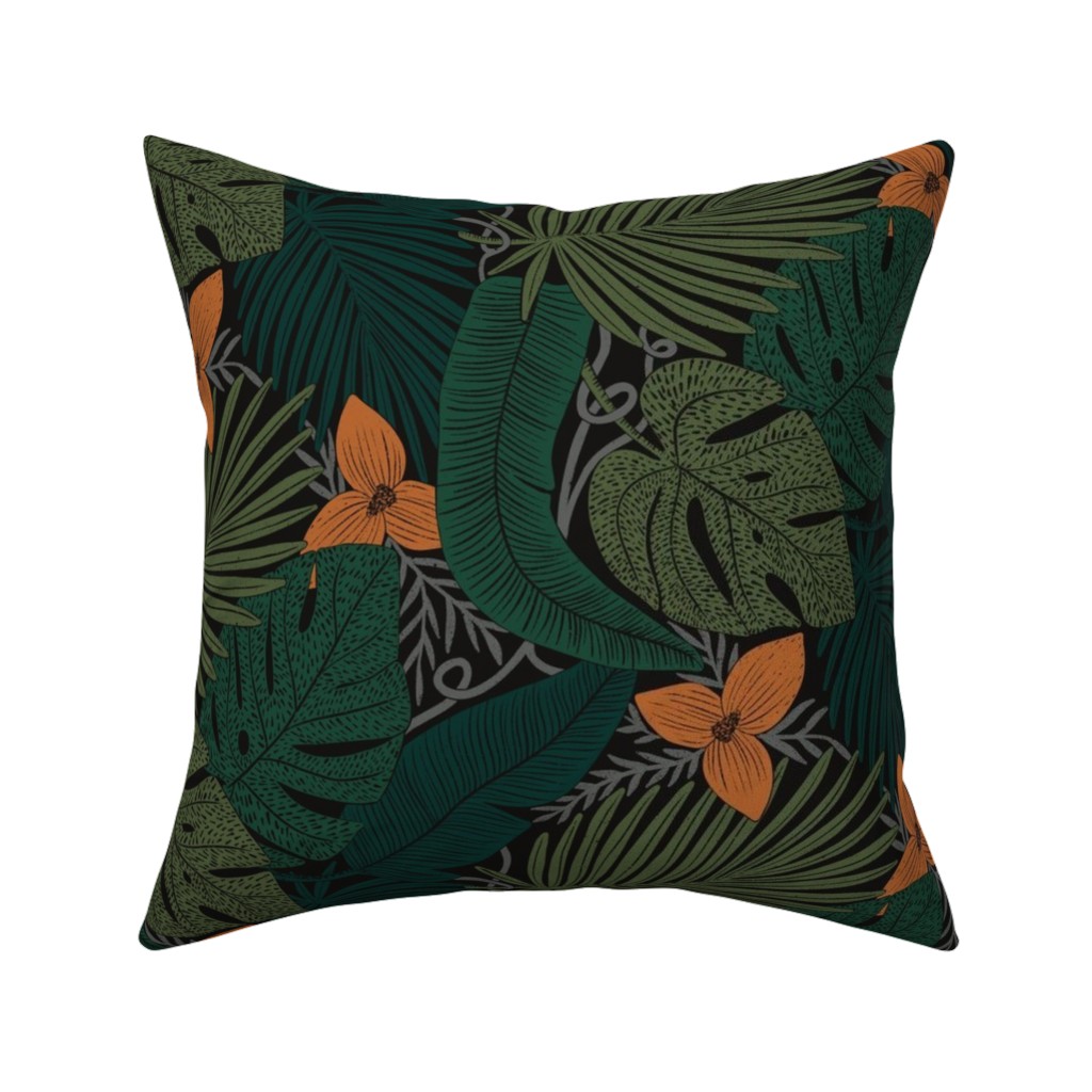 Moody Tropical Floral - Orange on Black Pillow, Woven, Black, 16x16, Single Sided, Green, Classic Green