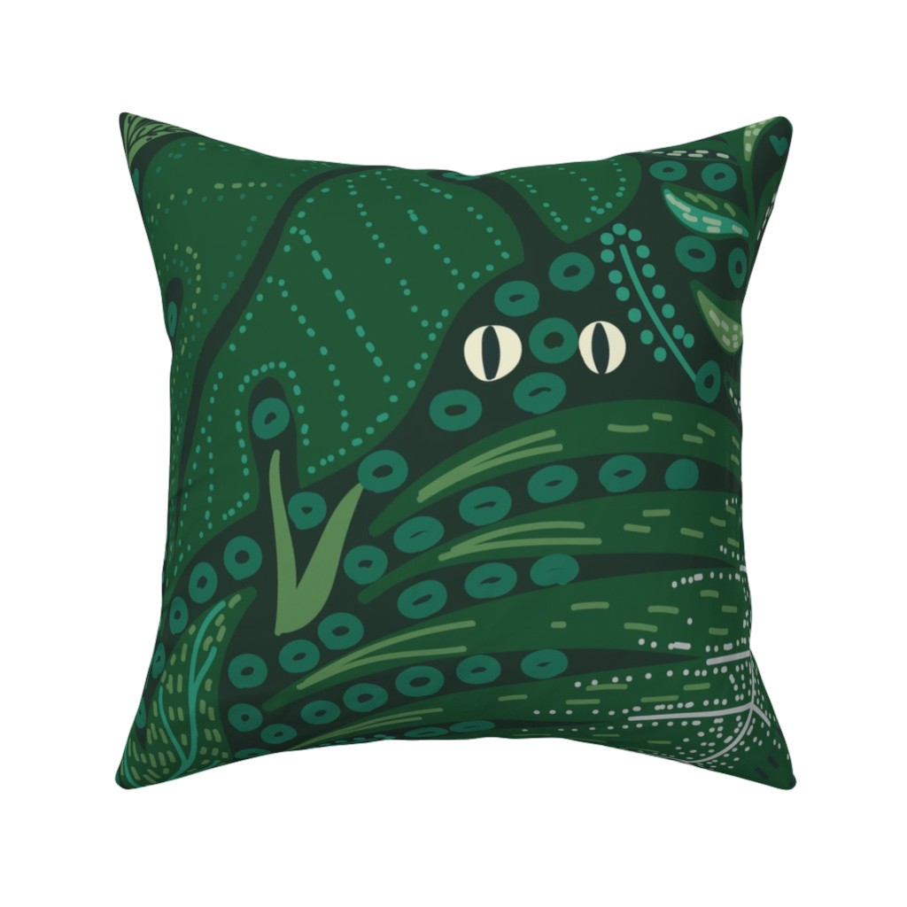 Hiding in Moody Tropical Leaves - Green Pillow, Woven, Black, 16x16, Single Sided, Green