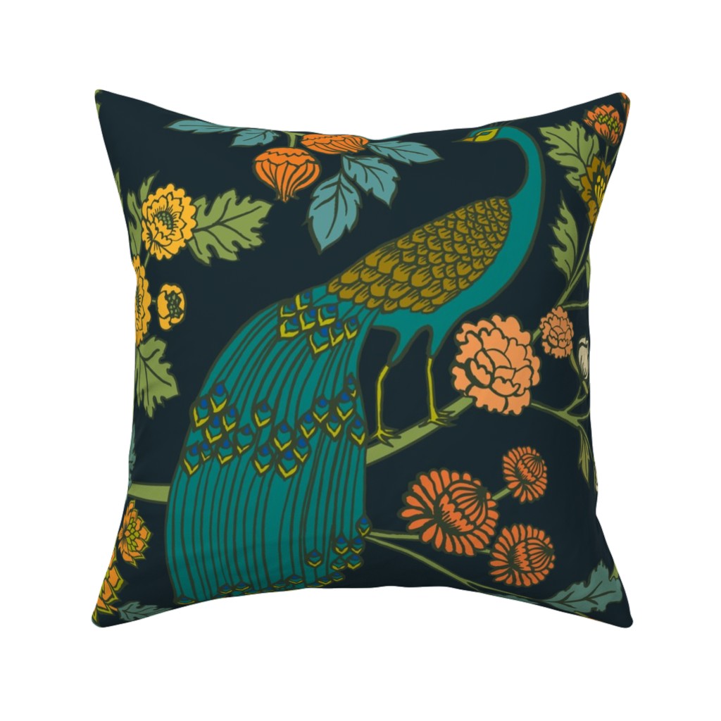 Peacock Garden - Midnight Wonderland Pillow, Woven, Black, 16x16, Single Sided, Blue, True Blue