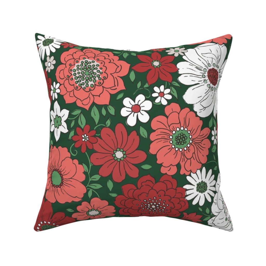 Camilla Retro Floral Christmas - Red and Green Pillow, Woven, Black, 16x16, Single Sided, Multicolor