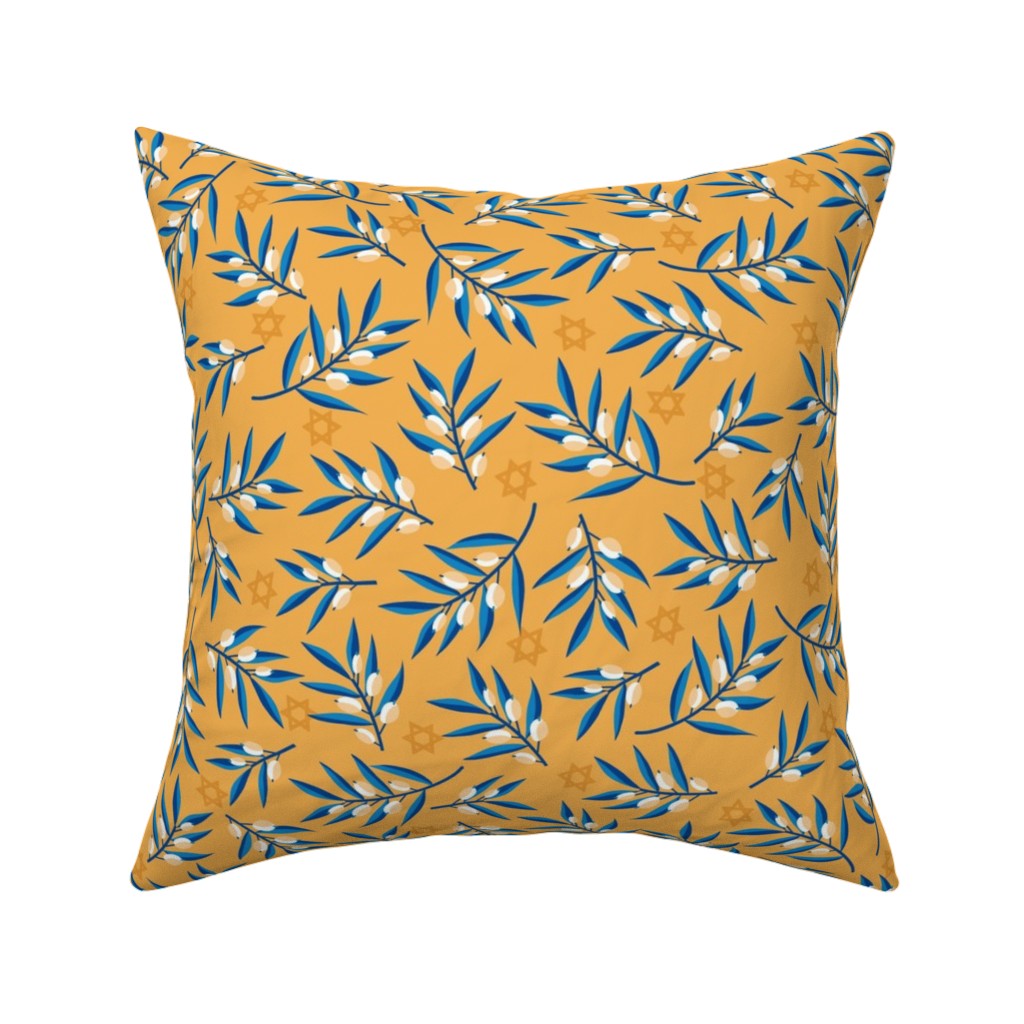 Olive Branches Hanukkah - Blue on Yellow Pillow, Woven, Black, 16x16, Single Sided, Yellow, Classic Yellow