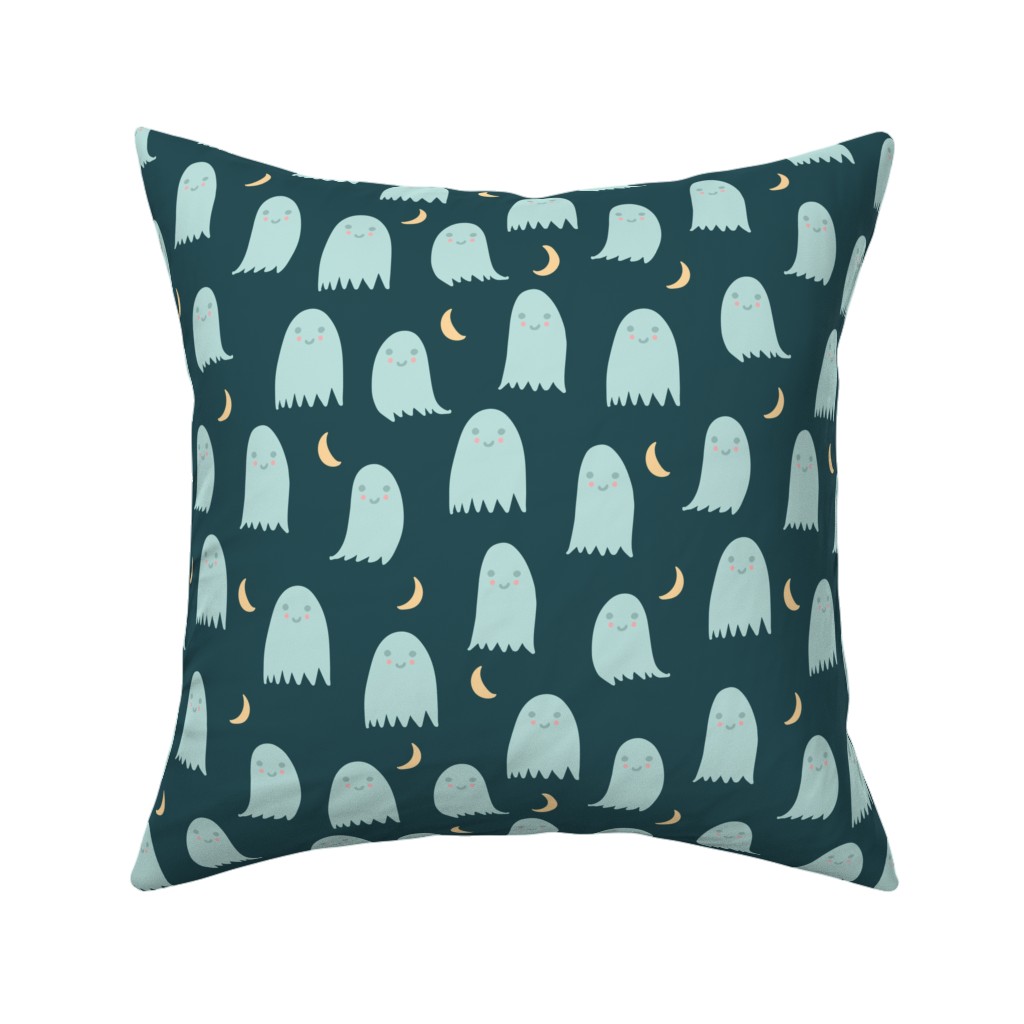 Cute Halloween Ghosts Pillow, Woven, Black, 16x16, Single Sided, Green, Seaweed