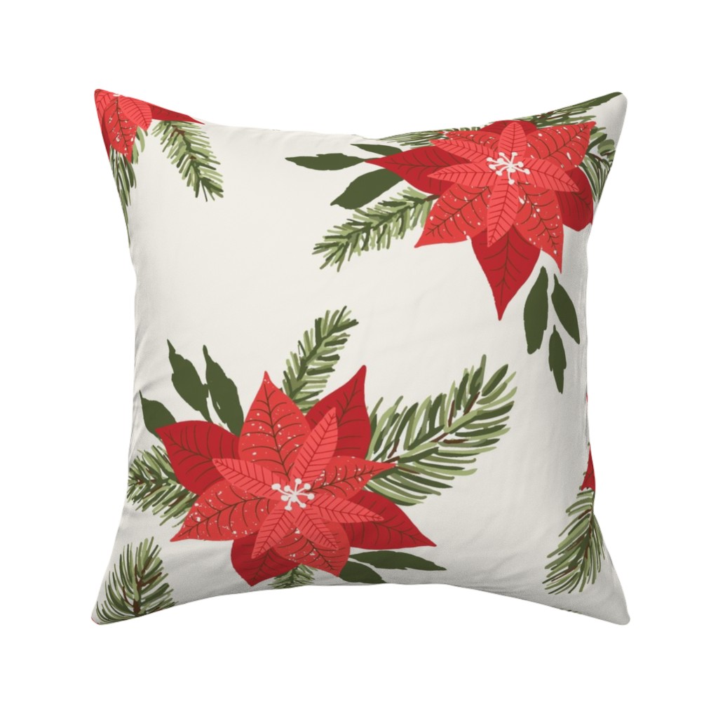 Poinsettia Christmas Flower Pillow, Woven, Black, 16x16, Single Sided, Beige