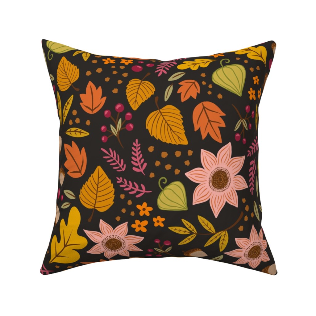 Autumn Fall Floral - Dark Pillow, Woven, Black, 16x16, Single Sided, Multicolor