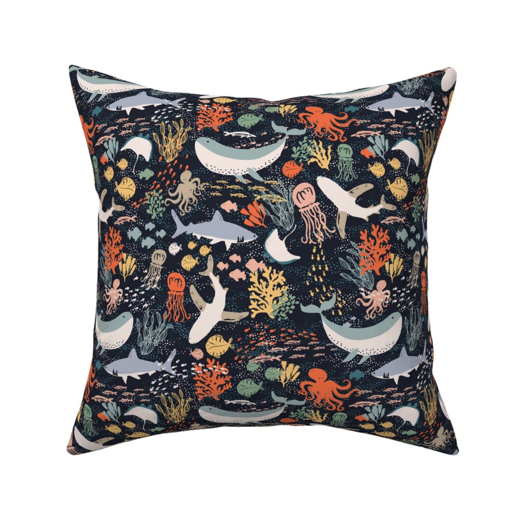 Marine Life - Multicolor Pillow, Woven, Black, 16x16, Single Sided, Multicolor