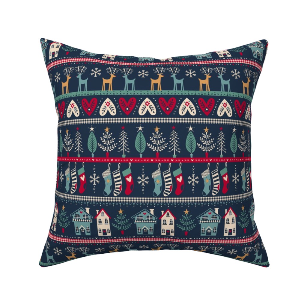 Vintage Nordic Christmas Pillow, Woven, Black, 16x16, Single Sided, Multicolor