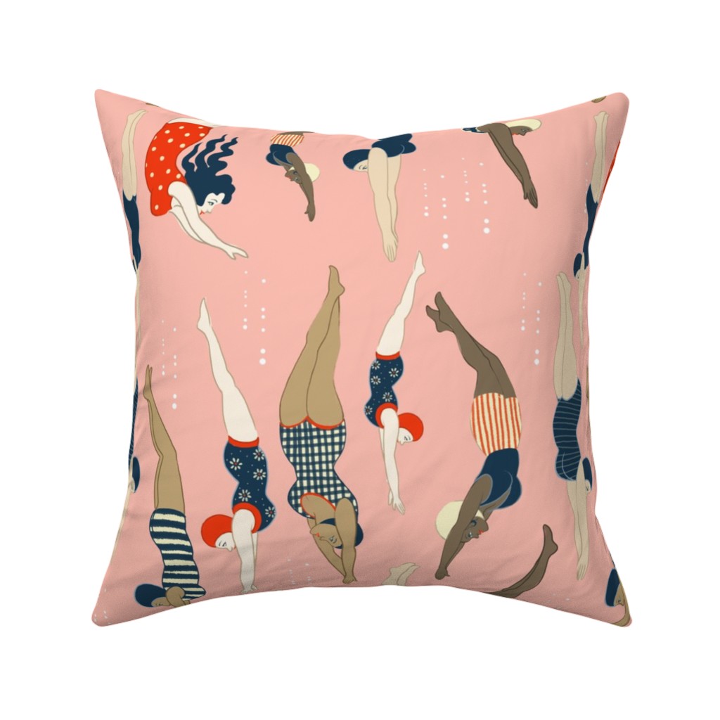 Lady Divers - Pink Pillow, Woven, Black, 16x16, Single Sided, Pink, Bright Pink