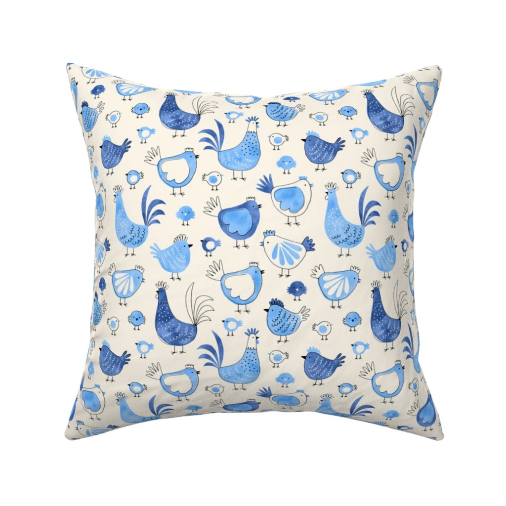 Chicken and Rooster - Watercolor - Blue on Creme Pillow, Woven, Black, 16x16, Single Sided, Blue, True Blue