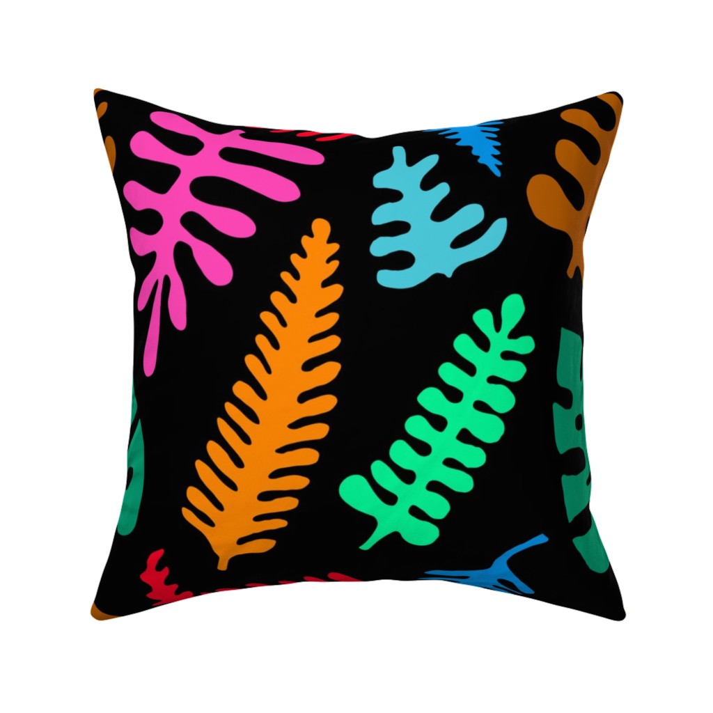 Mod Minimalist Leaves - Multi on Black Pillow, Woven, Black, 16x16, Single Sided, Multicolor