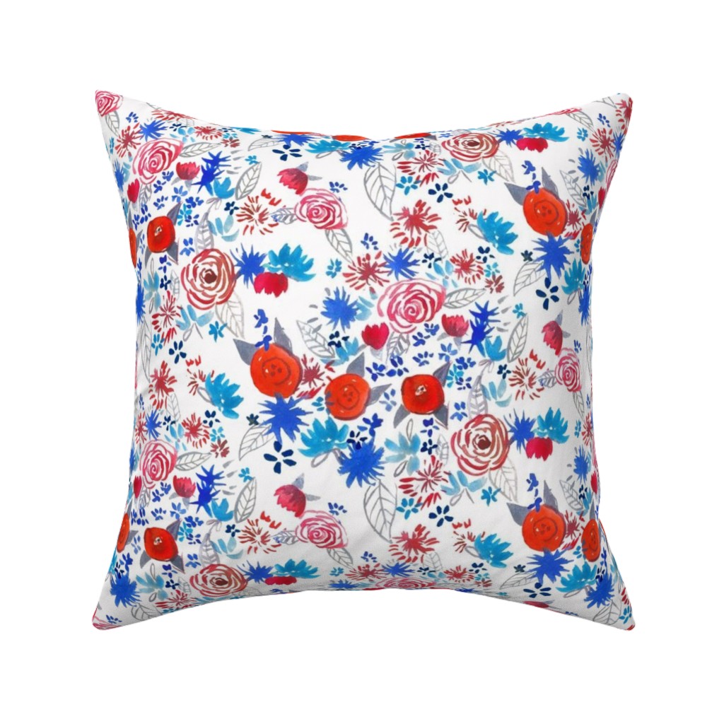 Patriotic Watercolor Floral - Red White and Blue Pillow, Woven, Black, 16x16, Single Sided, Multicolor